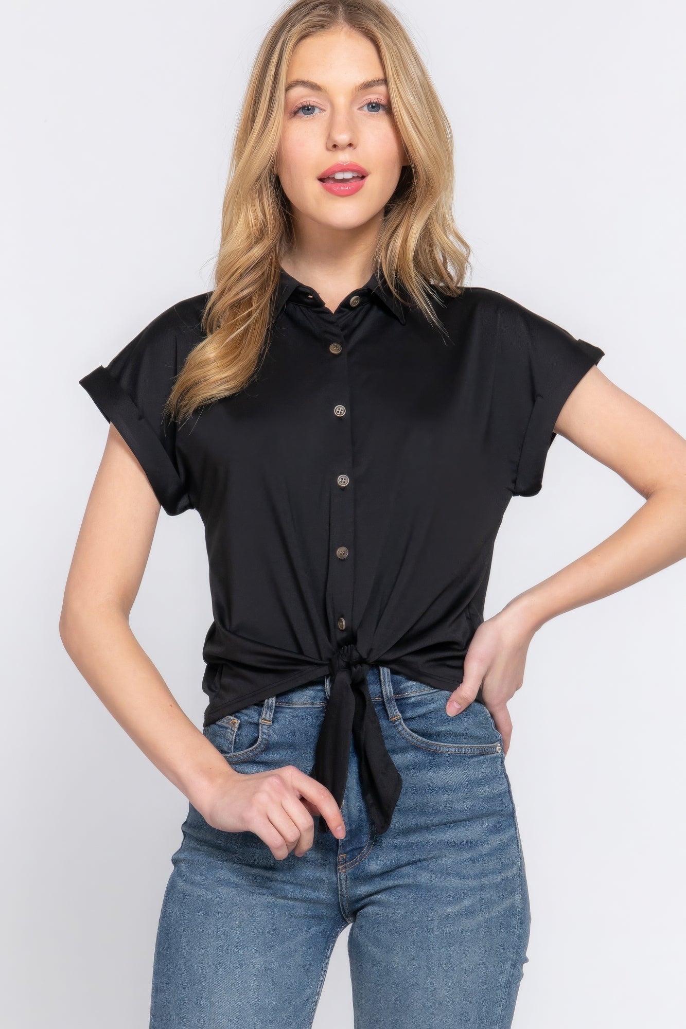 Short Slv Front Tie Stretch Ity Top JoySkyBoutique