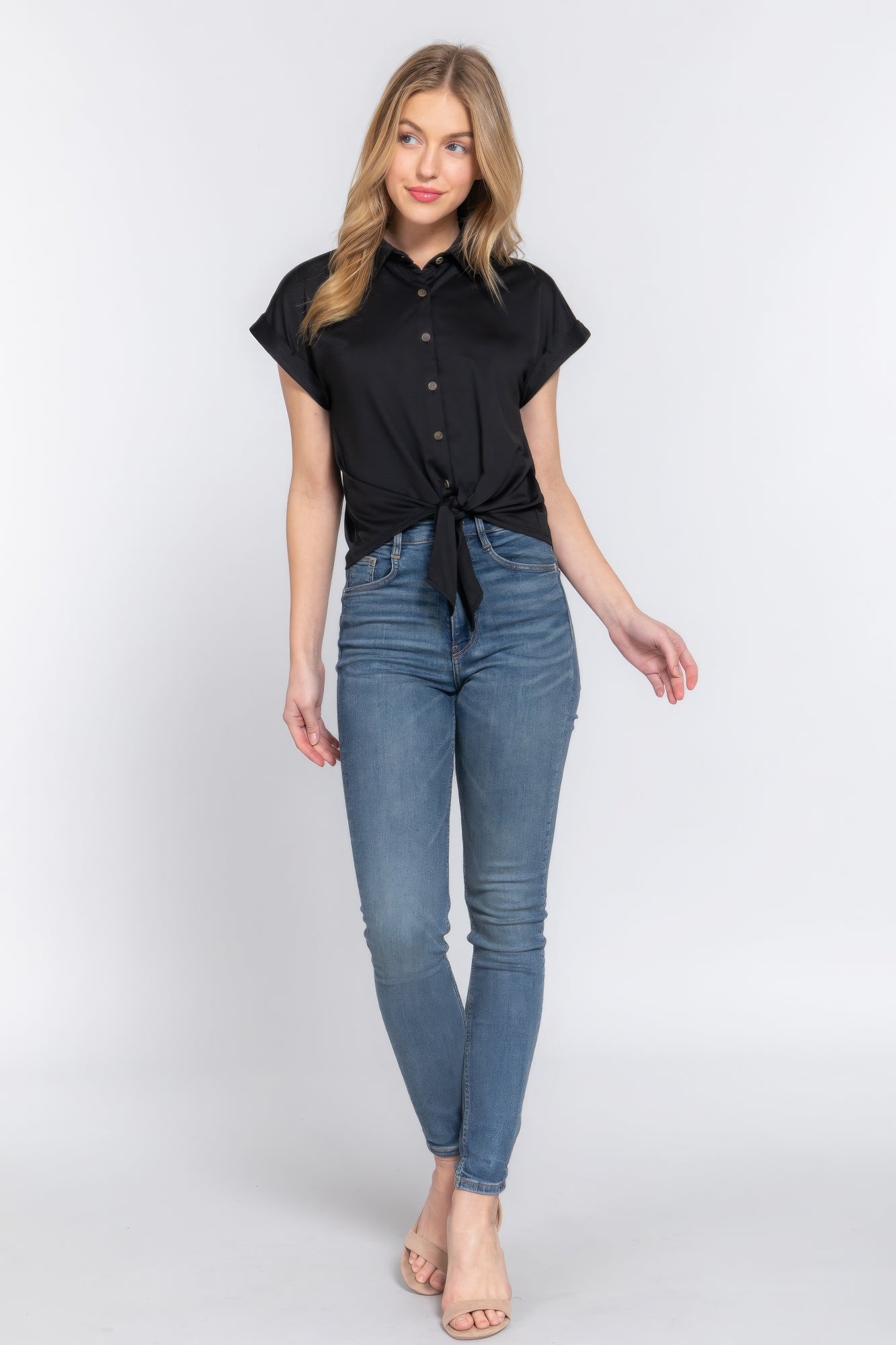 Short Slv Front Tie Stretch Ity Top JoySkyBoutique