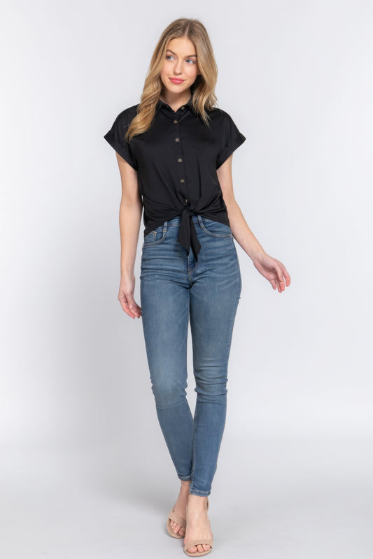 Short Slv Front Tie Stretch Ity Top JoySkyBoutique