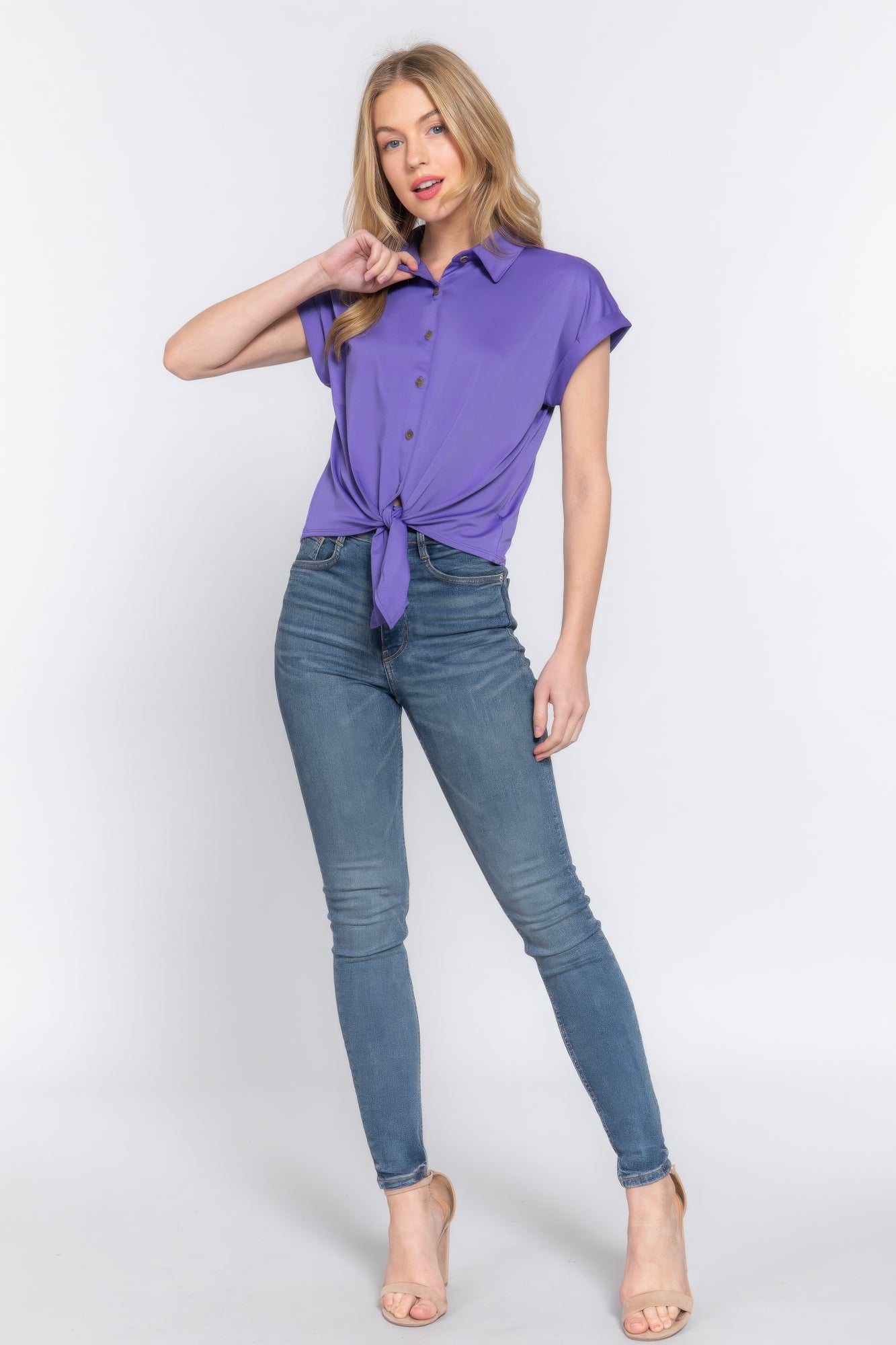 Short Slv Front Tie Stretch Ity Top JoySkyBoutique