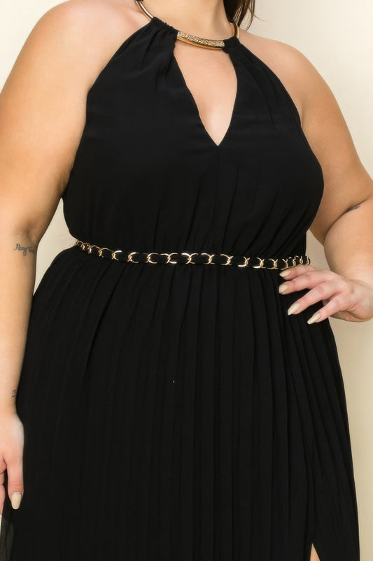 Chiffon Pleated Gold Trim Neck & Belt Cut Out Chest Maxi Dress JoySkyBoutique