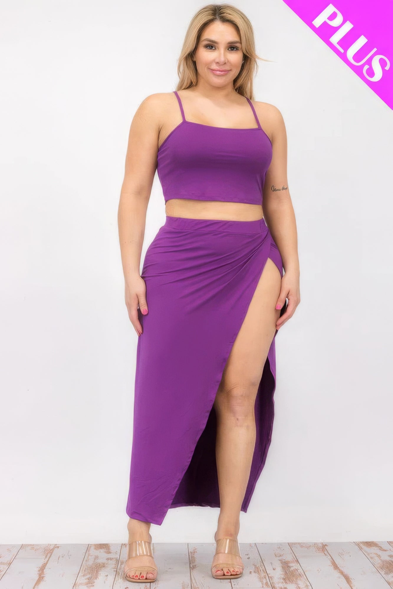 Plus Size Crop Cami & Split Thigh Maxi Skirt Set JoySkyBoutique