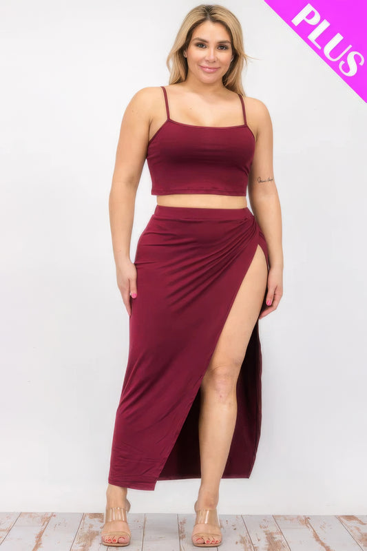 Plus Size Crop Cami & Split Thigh Maxi Skirt Set JoySkyBoutique