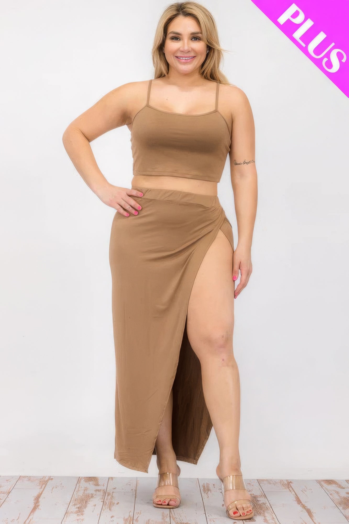 Plus Size Crop Cami & Split Thigh Maxi Skirt Set JoySkyBoutique