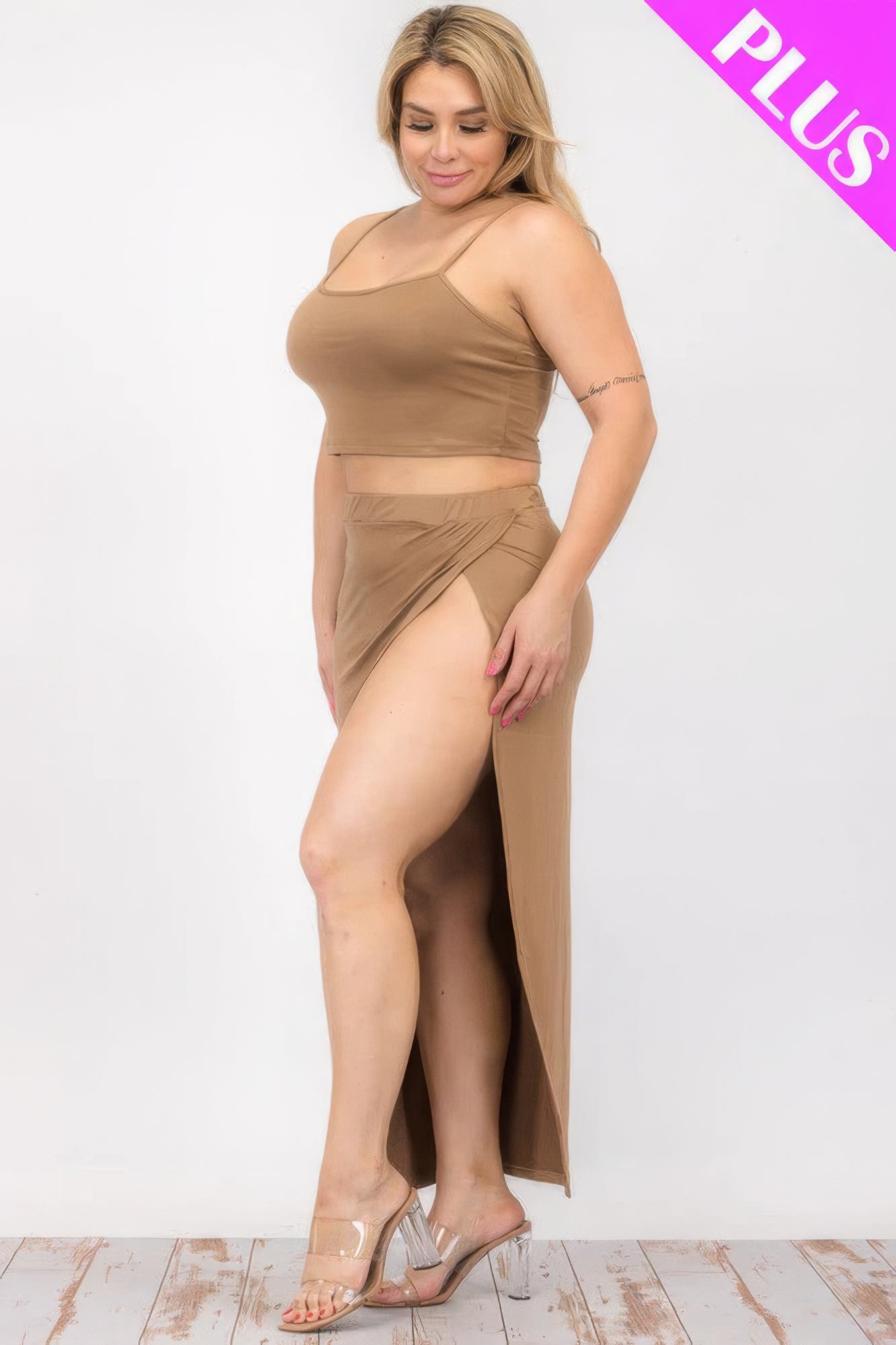 Plus Size Crop Cami & Split Thigh Maxi Skirt Set JoySkyBoutique