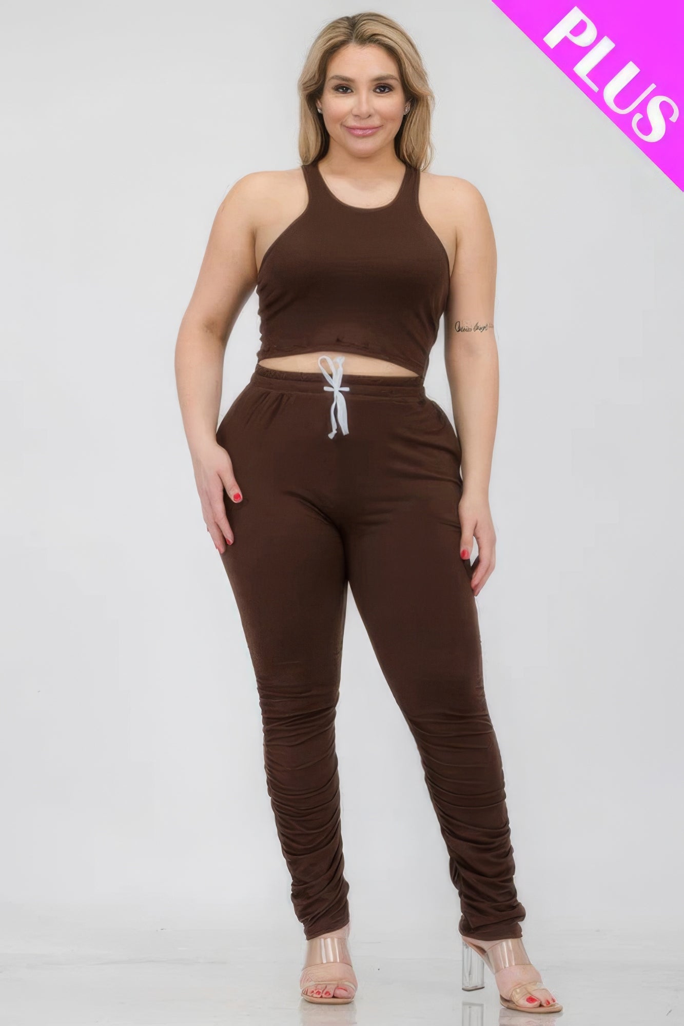 Plus Size Crop Tank Top & Ruched Pants Set JoySkyBoutique