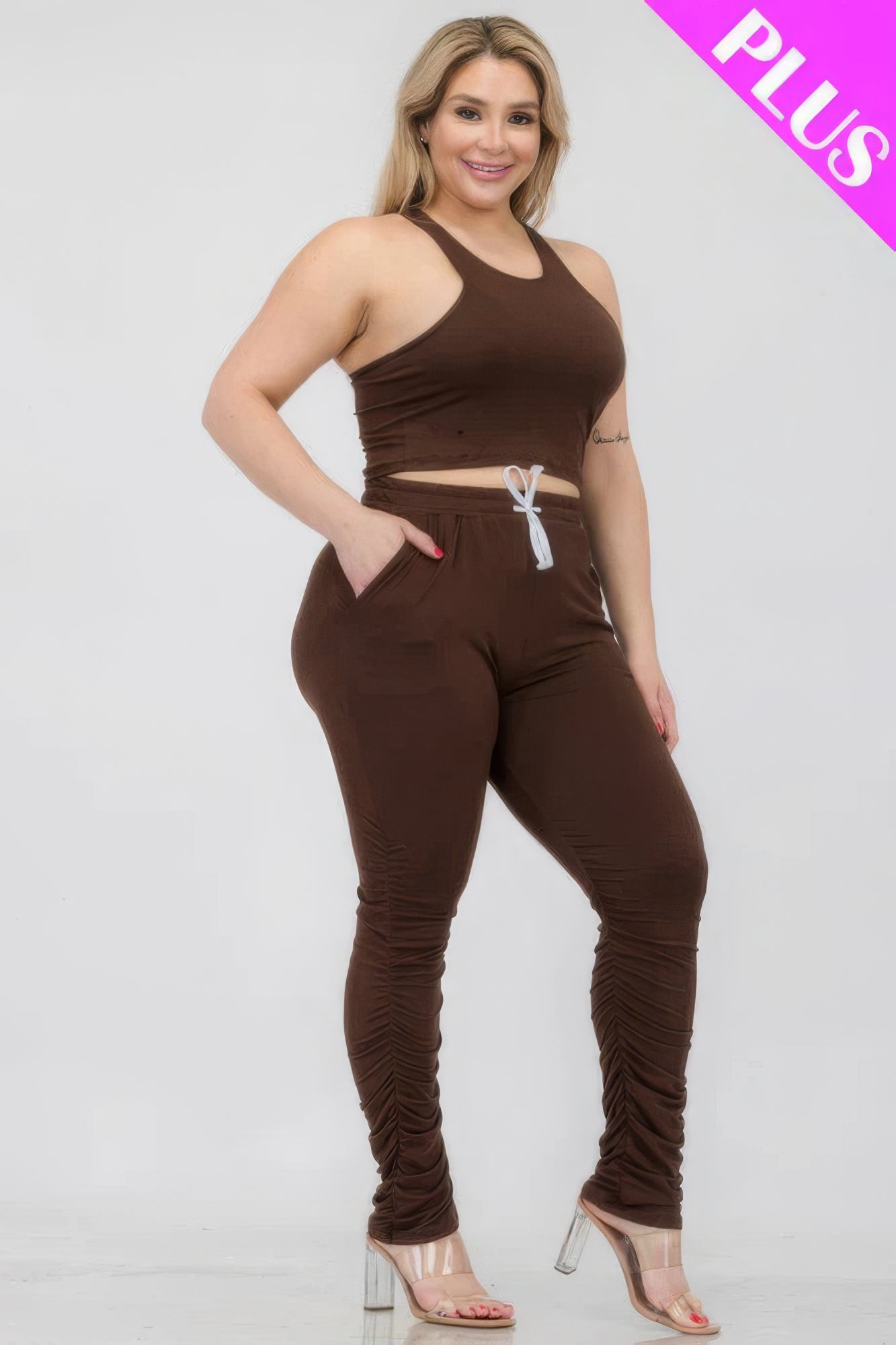 Plus Size Crop Tank Top & Ruched Pants Set JoySkyBoutique
