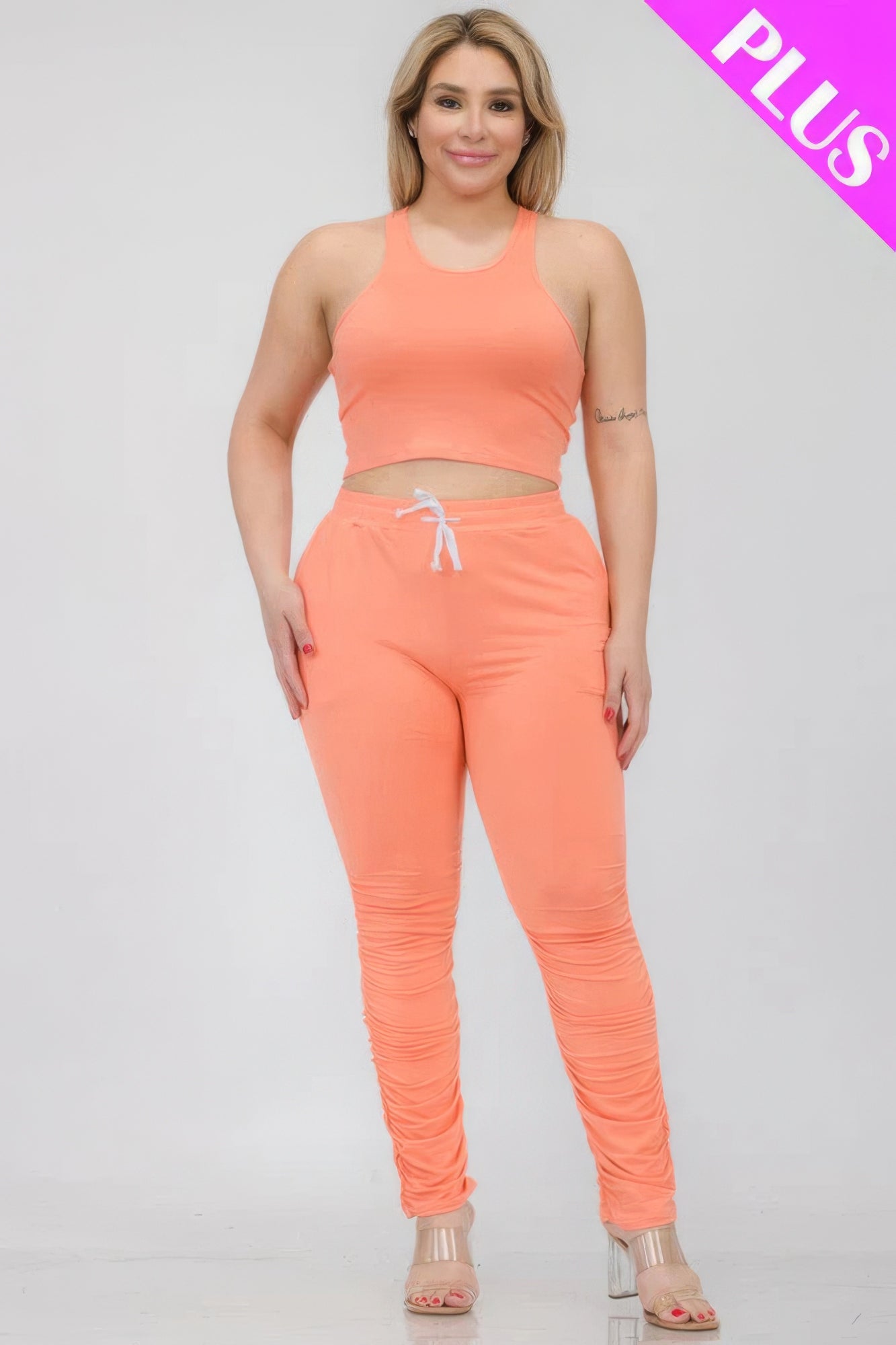 Plus Size Crop Tank Top & Ruched Pants Set JoySkyBoutique