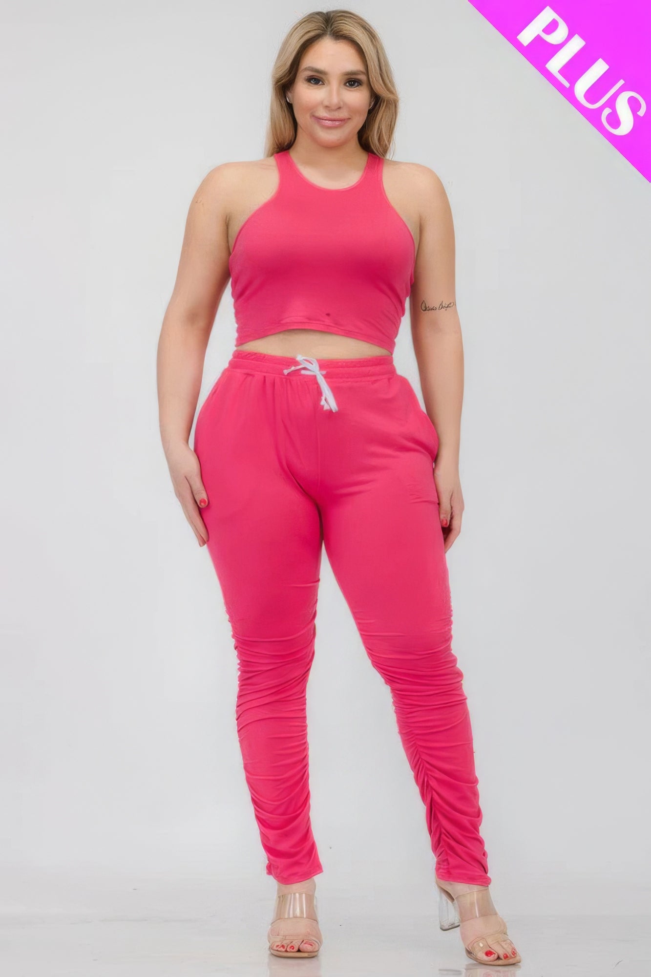Plus Size Crop Tank Top & Ruched Pants Set JoySkyBoutique