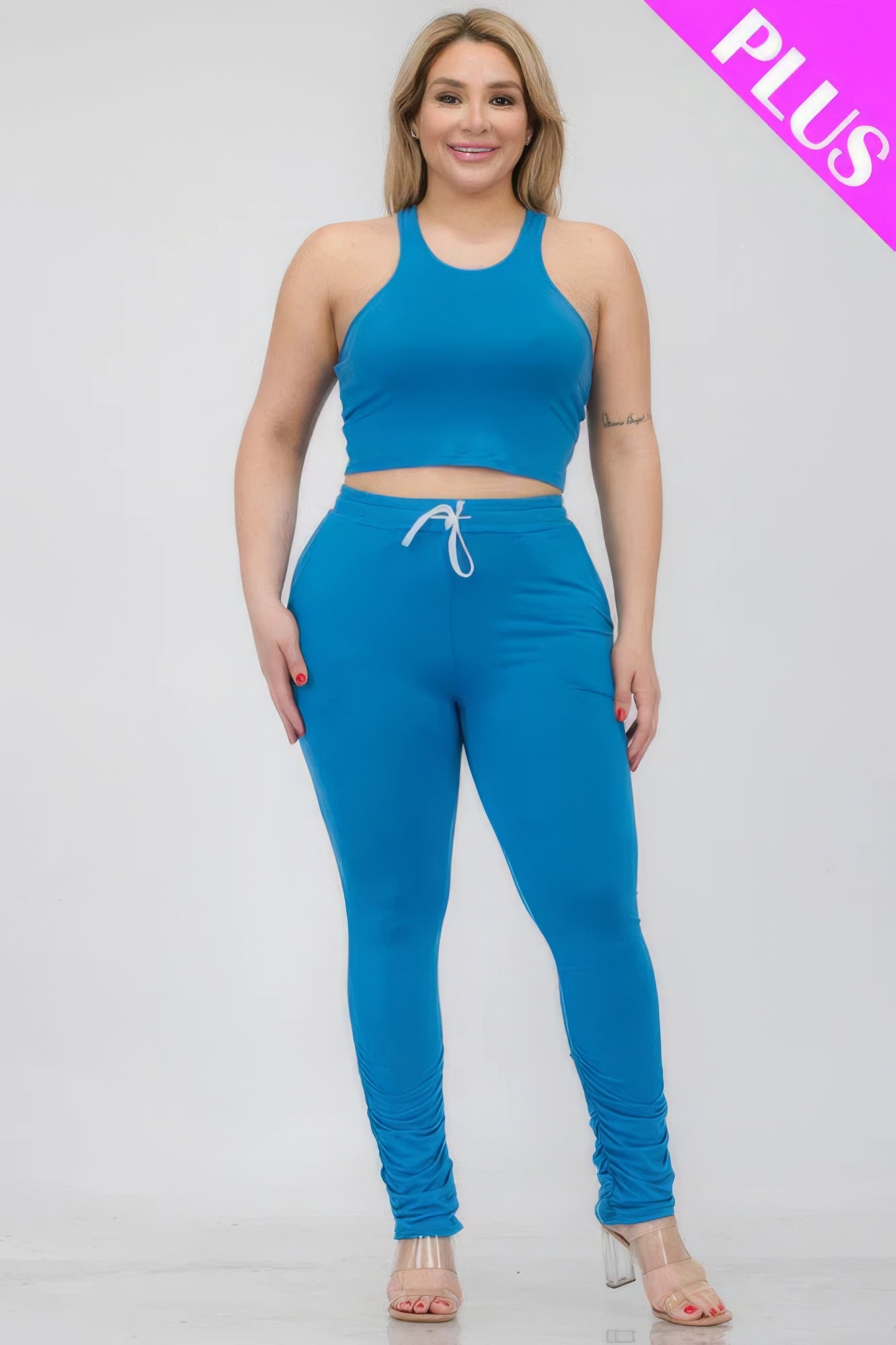 Plus Size Crop Tank Top & Ruched Pants Set JoySkyBoutique