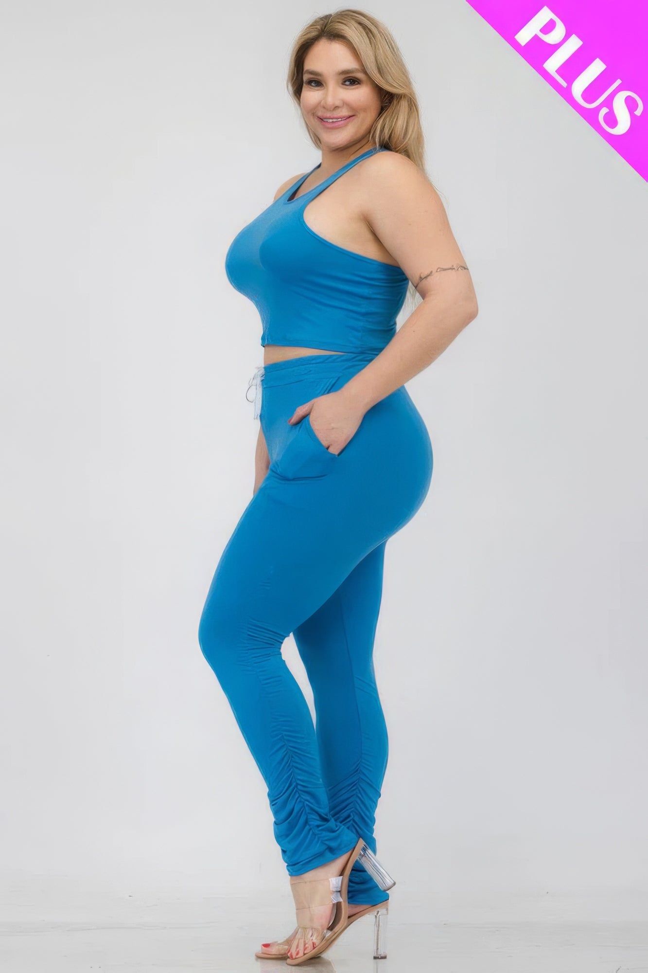 Plus Size Crop Tank Top & Ruched Pants Set JoySkyBoutique
