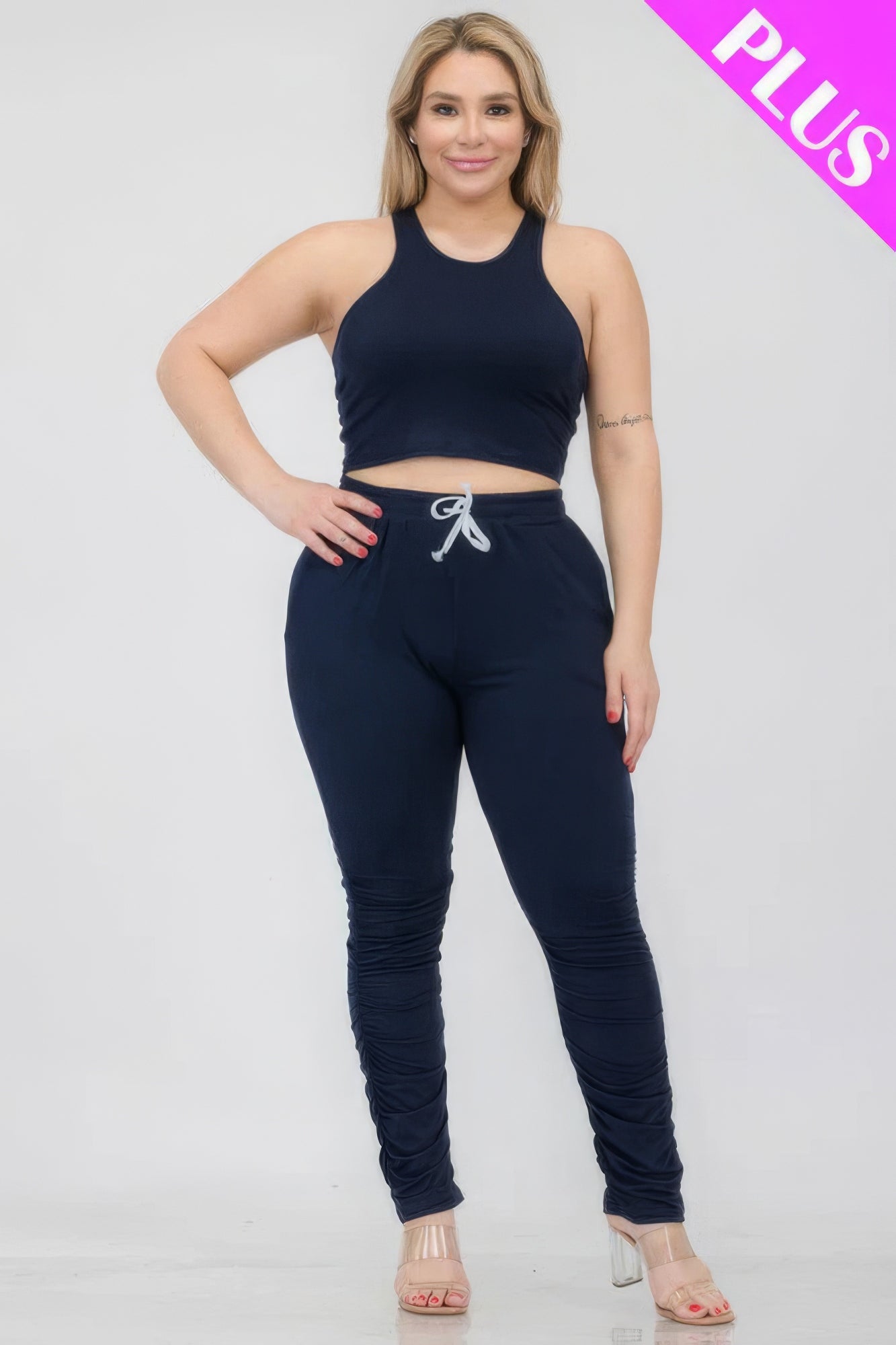 Plus Size Crop Tank Top & Ruched Pants Set JoySkyBoutique