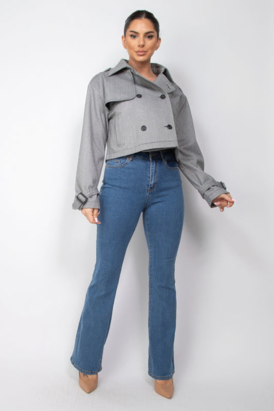 Notch Buckled Sleeve Crop Trench Coat JoySkyBoutique