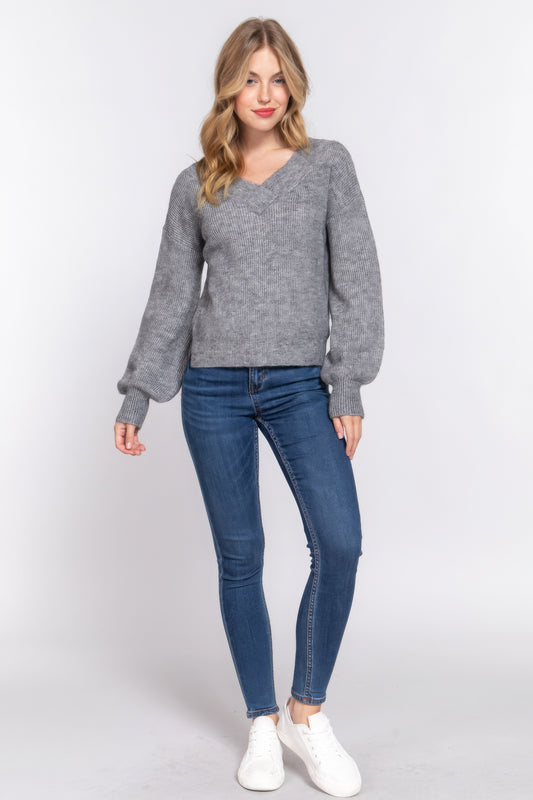 Long Slv Double V-neck Sweater JoySkyBoutique