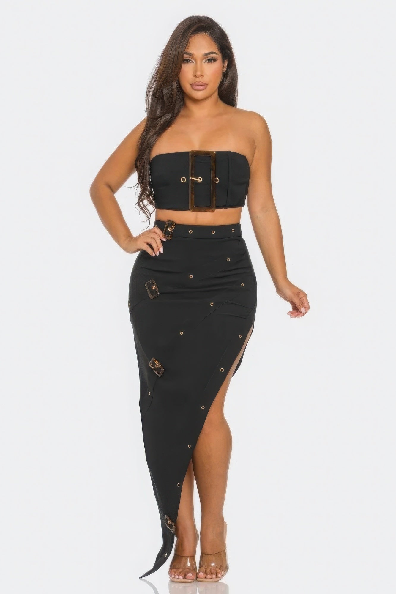 Front Eyelet Buckle Belt Top And Skirt Set JoySkyBoutique