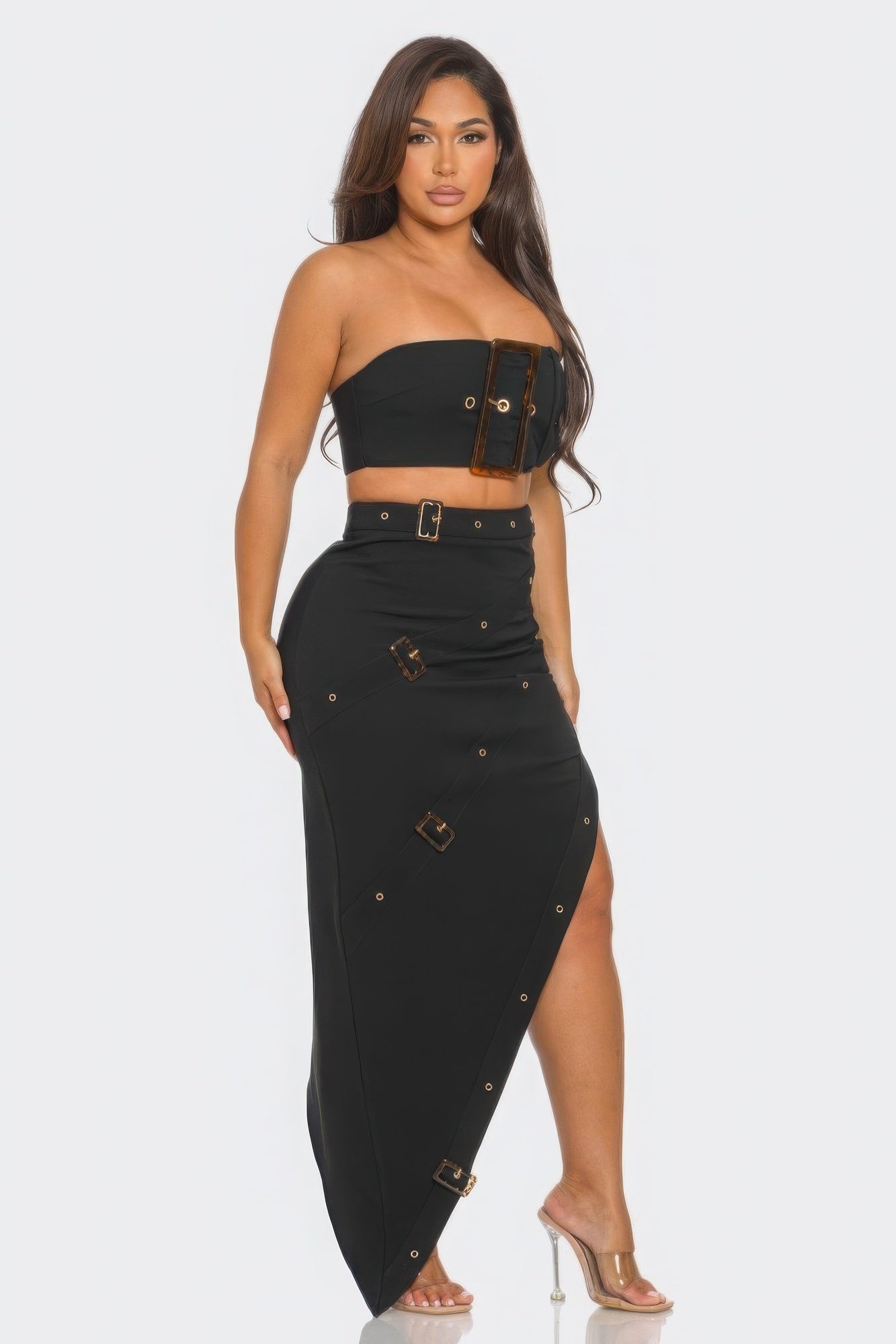 Front Eyelet Buckle Belt Top And Skirt Set JoySkyBoutique