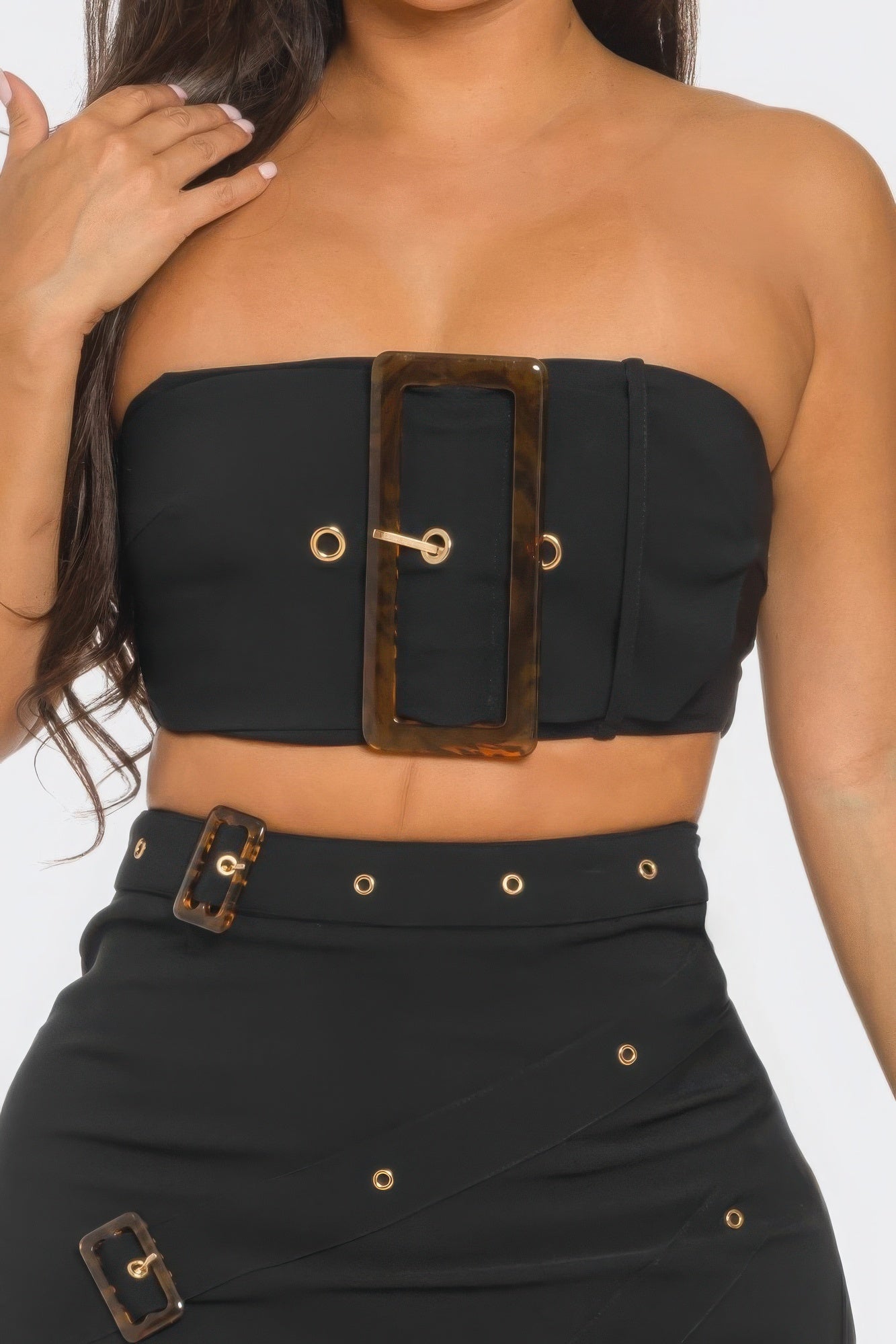 Front Eyelet Buckle Belt Top And Skirt Set JoySkyBoutique