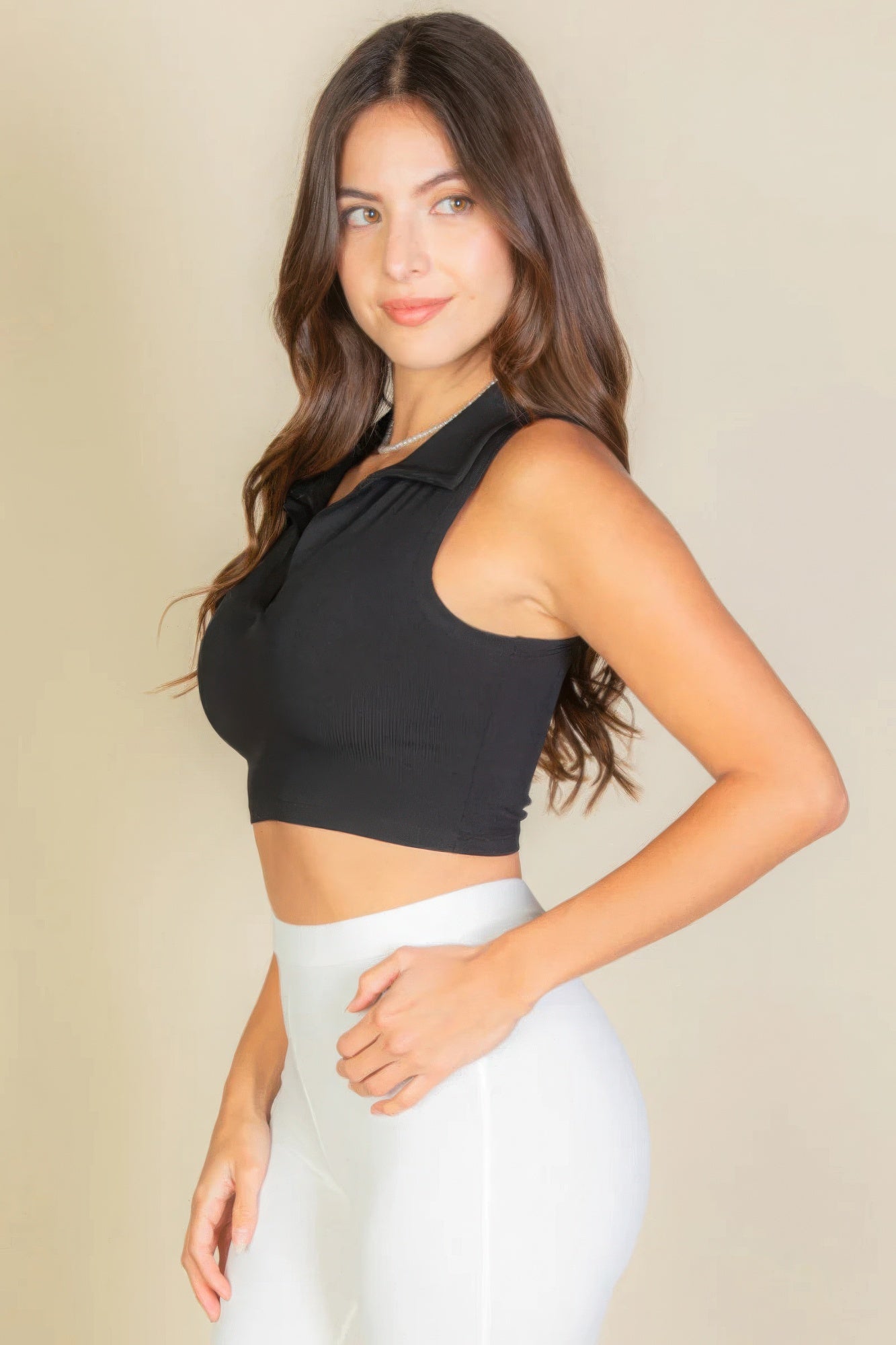 Solid Ribbed Polo Neck Tank Top JoySkyBoutique