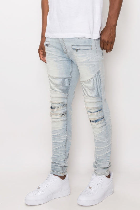 Men Creased Biker Denim Jeans JoySkyBoutique