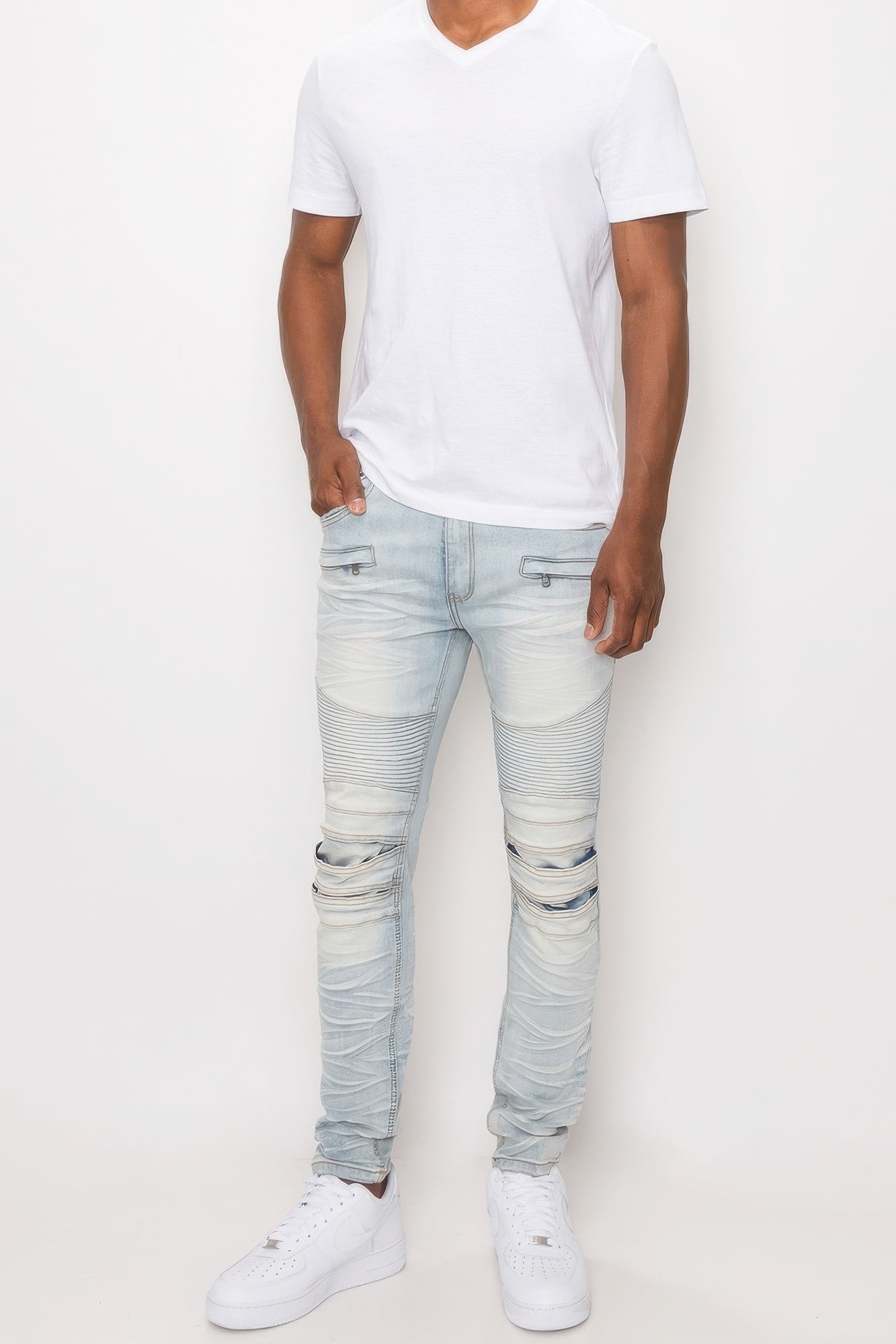 Men Creased Biker Denim Jeans JoySkyBoutique