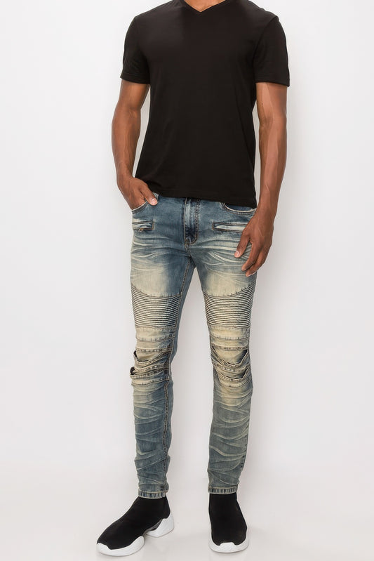 Men Creased Biker Denim Jeans JoySkyBoutique