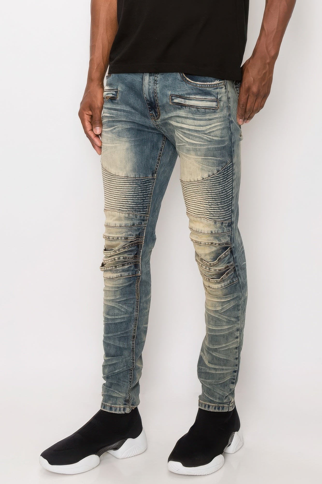 Men Creased Biker Denim Jeans JoySkyBoutique