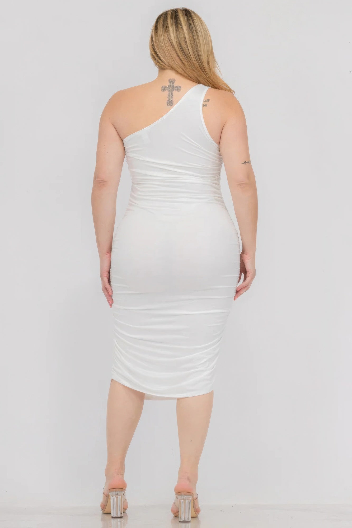 Plus Size Sexy Solid Color Ruched One Shoulder Midi Bodycon Dress JoySkyBoutique