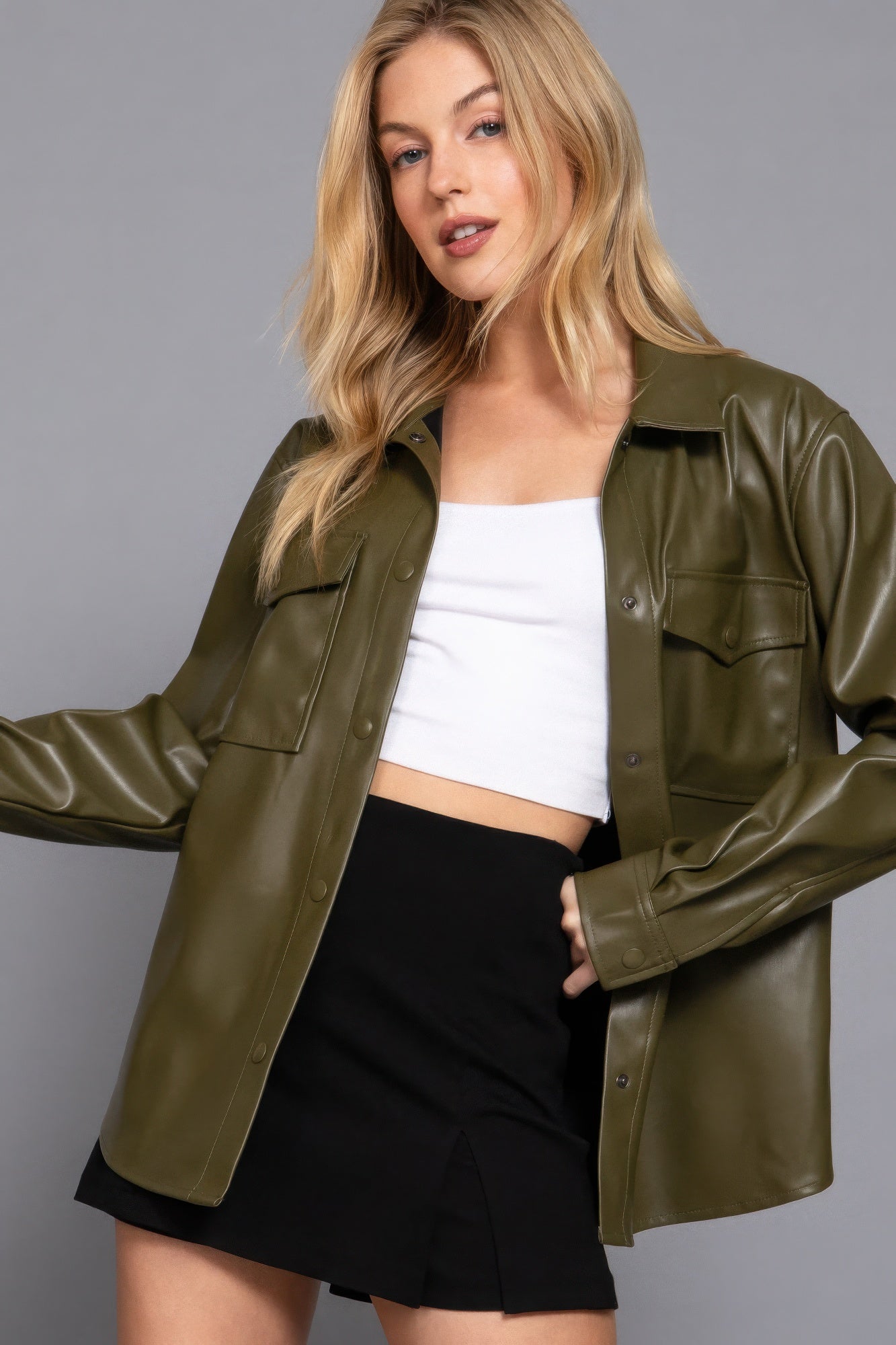 Long Slv Faux Leather Shacket JoySkyBoutique