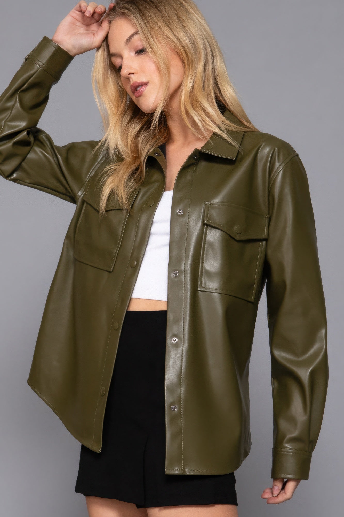 Long Slv Faux Leather Shacket JoySkyBoutique