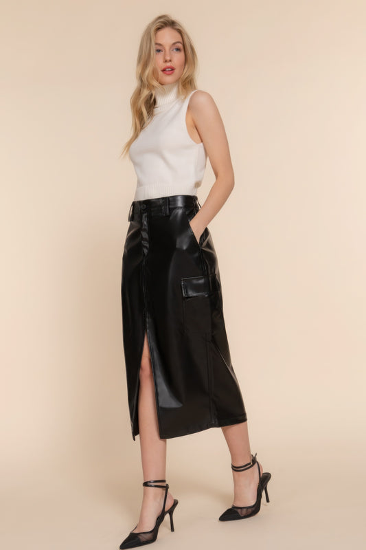 Faux Leather Midi Cargo Skirt JoySkyBoutique
