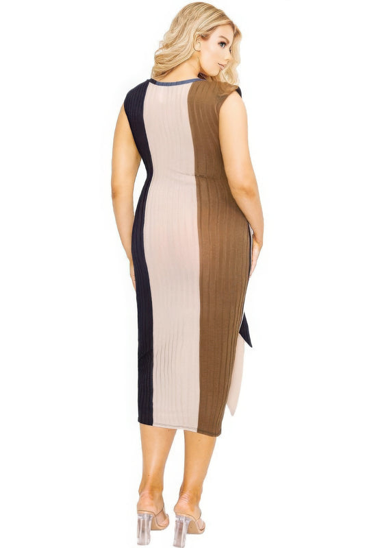 Plus knitted sleeveless colorblock waist tie dress JoySkyBoutique