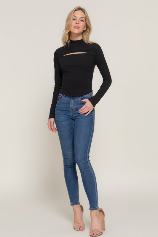 Long slv mock neck kyehole rib knit top JoySkyBoutique