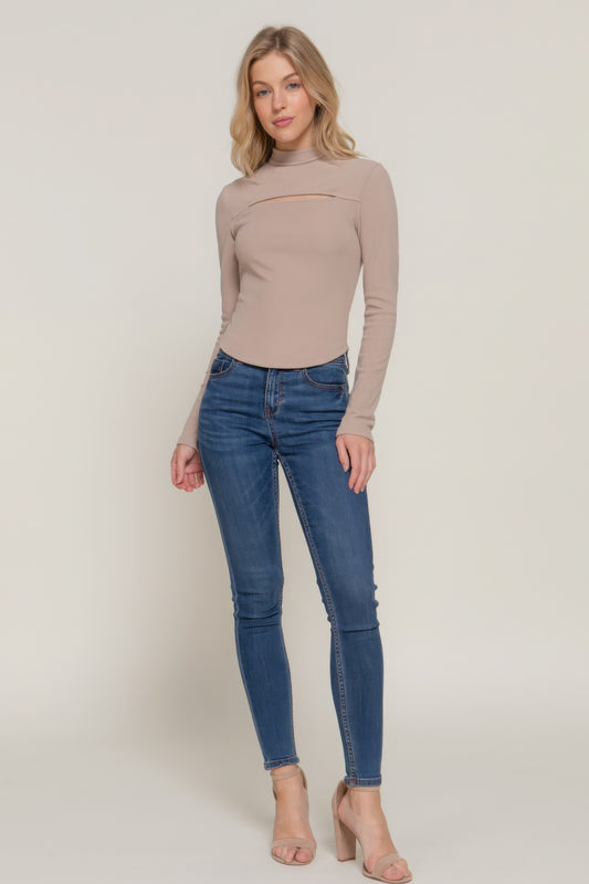 Long slv mock neck kyehole rib knit top JoySkyBoutique