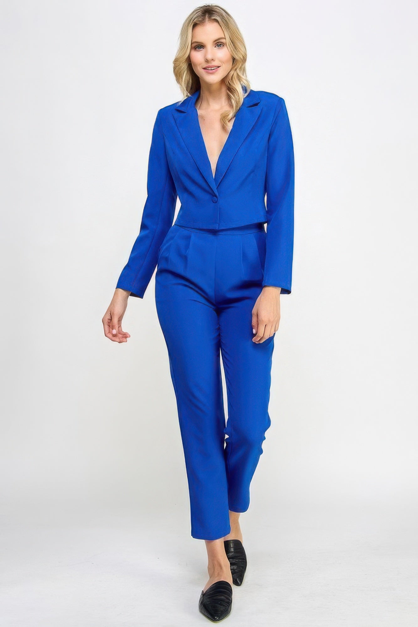 Single Button Crop Blazer With Tailored Pants Set JoySkyBoutique