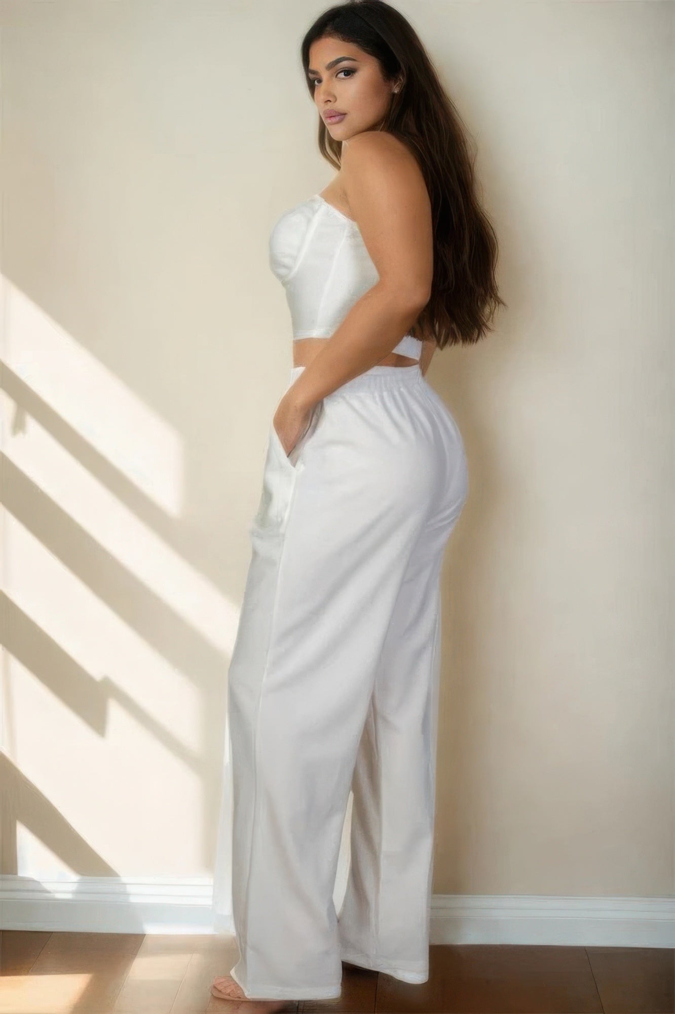 Plus Bustier Crop Cami Top & Slant Pocket Straight Pants JoySkyBoutique