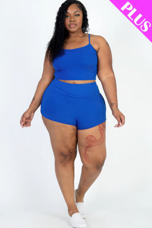 Plus Size Ribbed Cami Crop Top & Ruched Shorts Set JoySkyBoutique