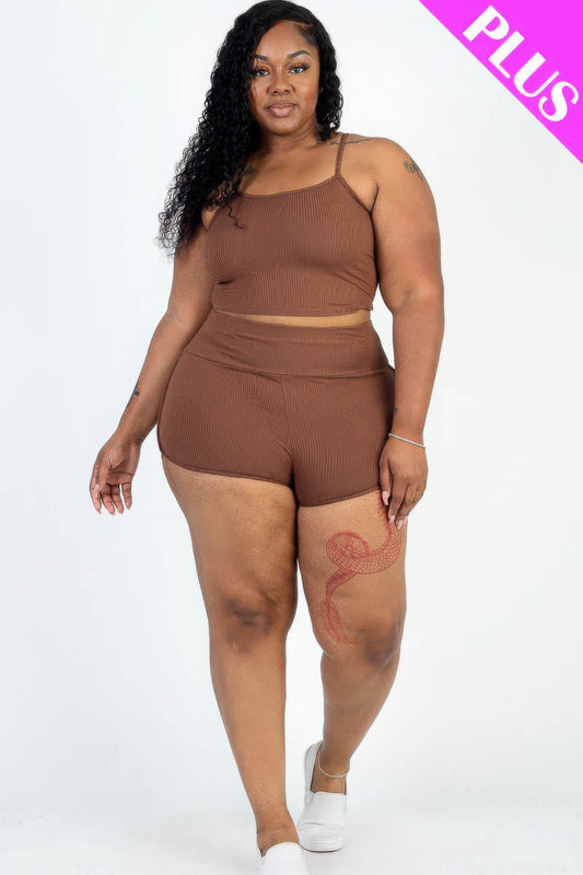 Plus Size Ribbed Cami Crop Top & Ruched Shorts Set JoySkyBoutique