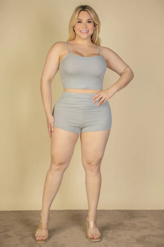 Plus Size Ribbed Cami Crop Top & Ruched Shorts Set JoySkyBoutique