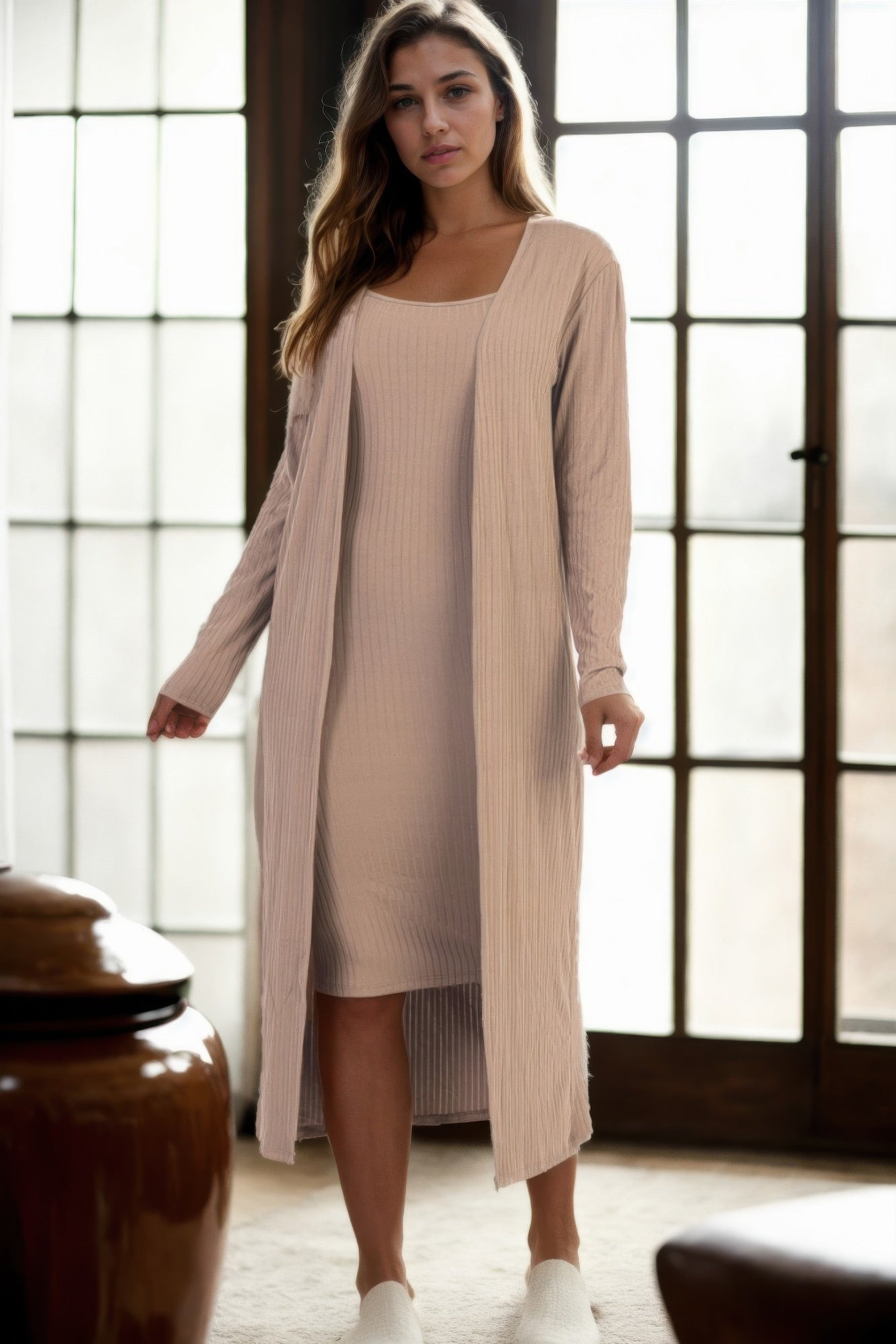 Ribbed Cardigan & Cami Midi Bodycon Dress JoySkyBoutique