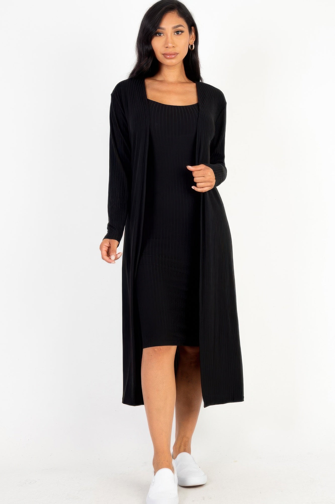 Ribbed Cardigan & Cami Midi Bodycon Dress JoySkyBoutique
