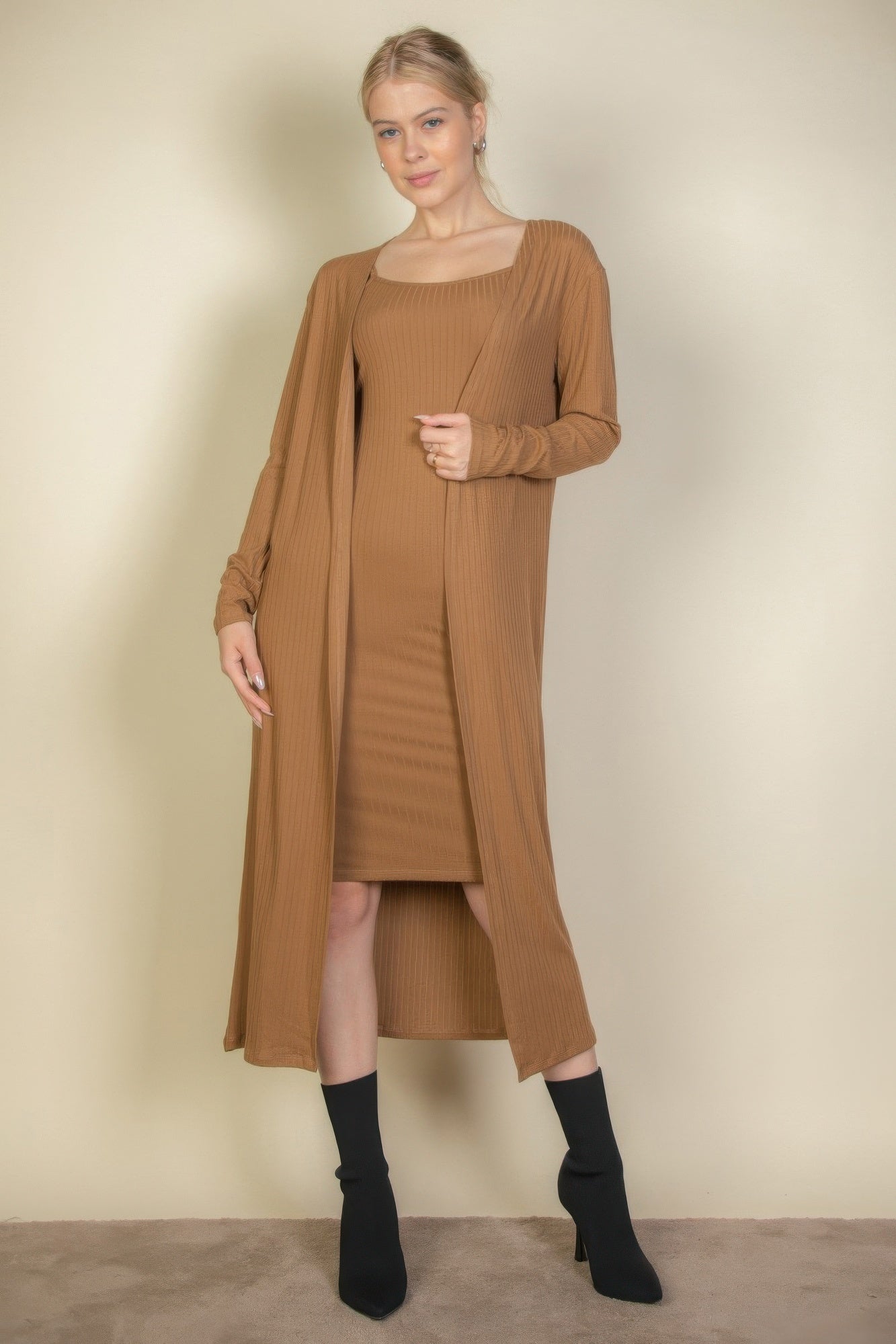 Ribbed Cardigan & Cami Midi Bodycon Dress JoySkyBoutique