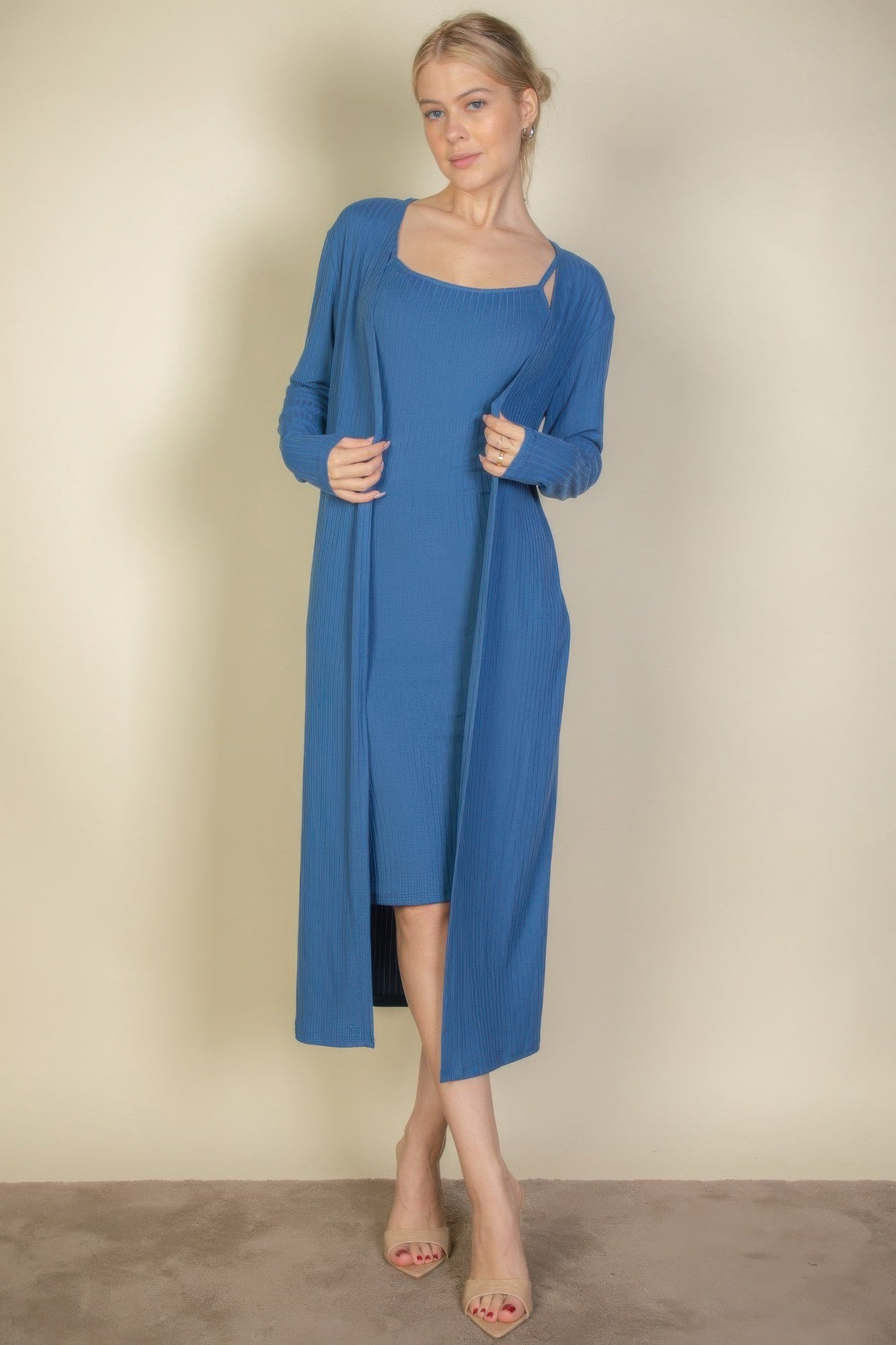Ribbed Cardigan & Cami Midi Bodycon Dress JoySkyBoutique