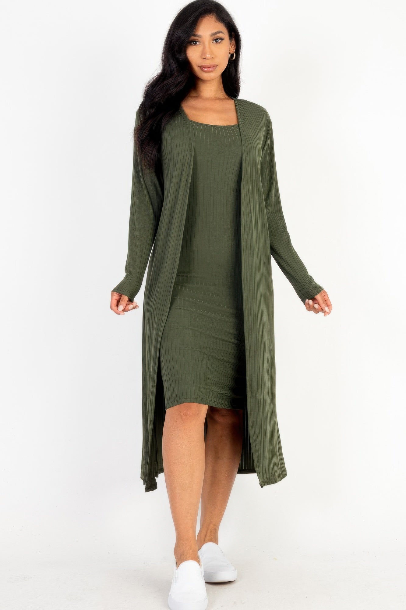 Ribbed Cardigan & Cami Midi Bodycon Dress JoySkyBoutique