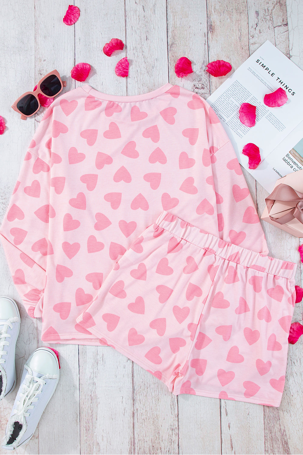 Heart Print Long Sleeve Top and Shorts Lounge Set Trendsi