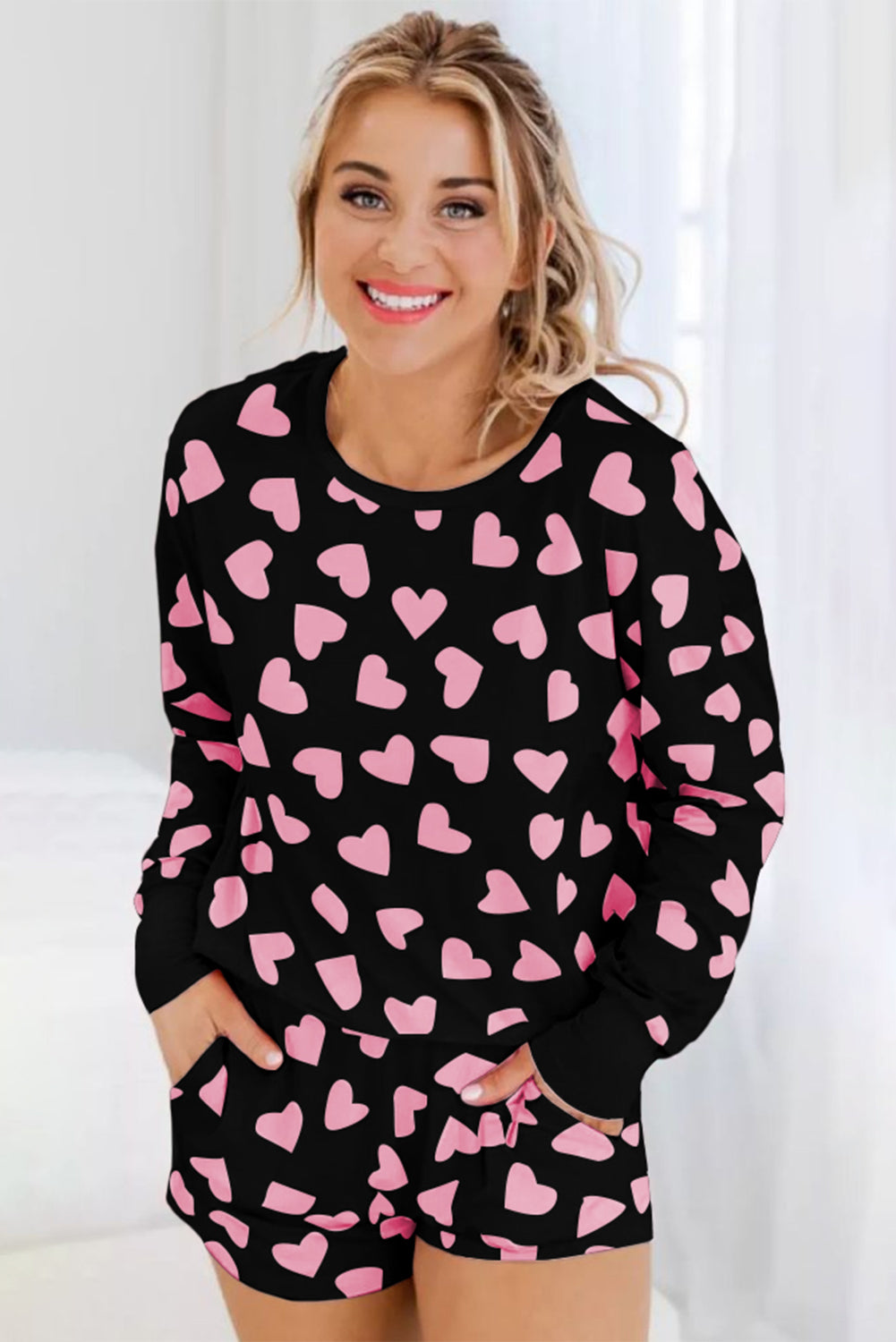 Heart Print Long Sleeve Top and Shorts Lounge Set Trendsi