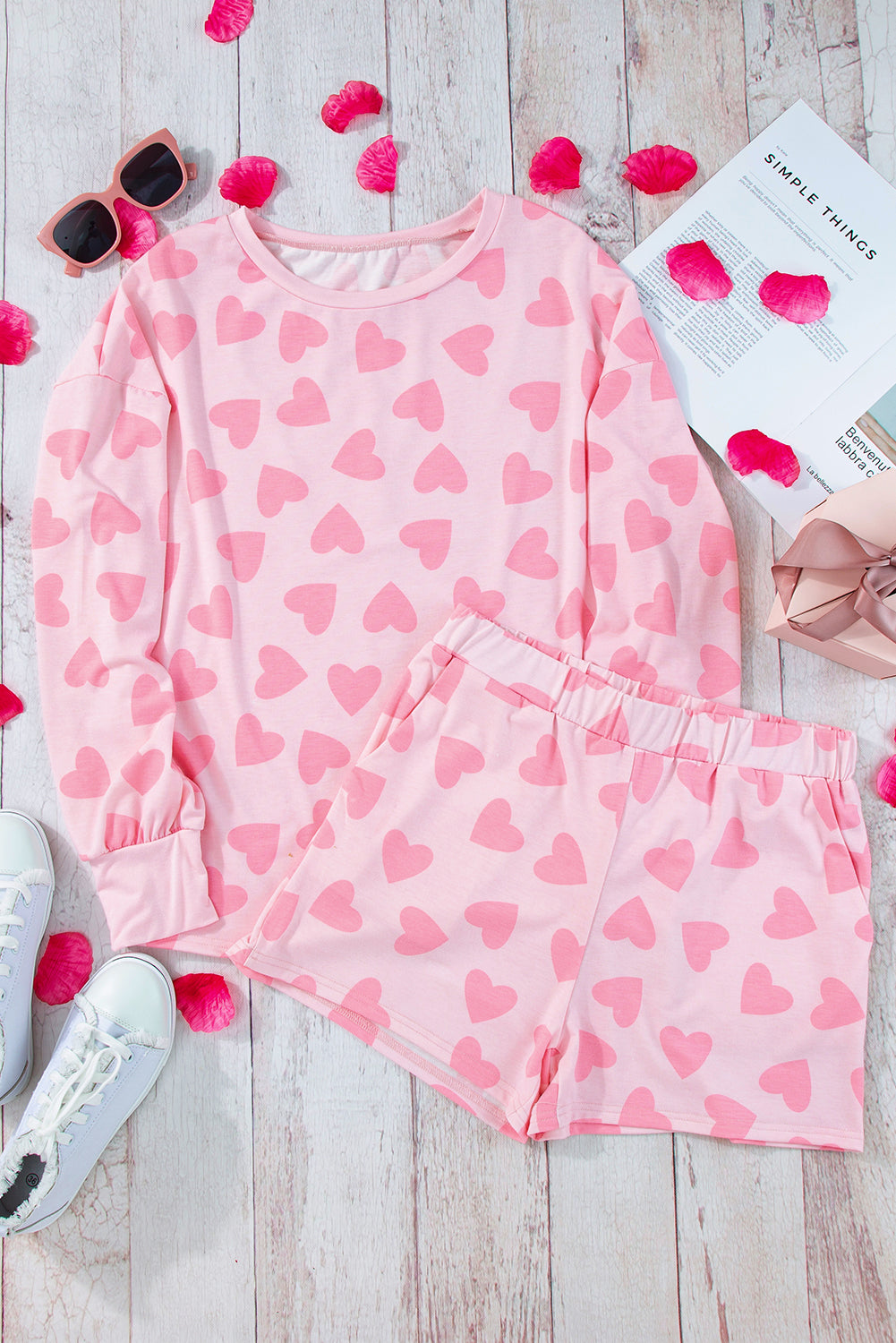Heart Print Long Sleeve Top and Shorts Lounge Set Trendsi