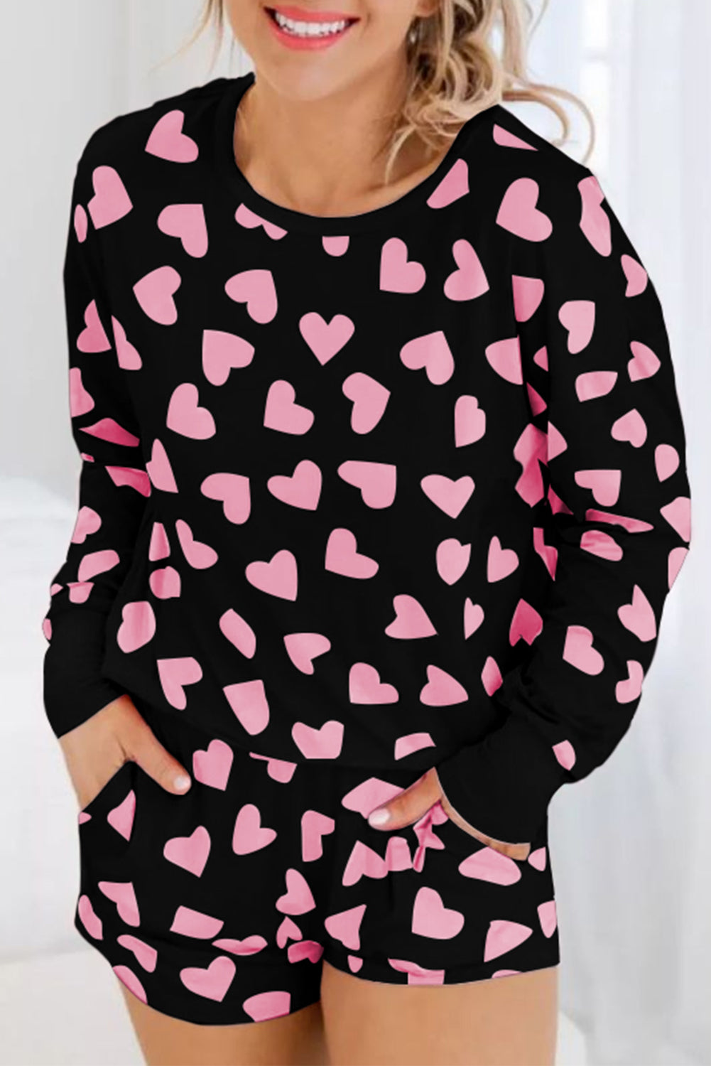 Heart Print Long Sleeve Top and Shorts Lounge Set Trendsi