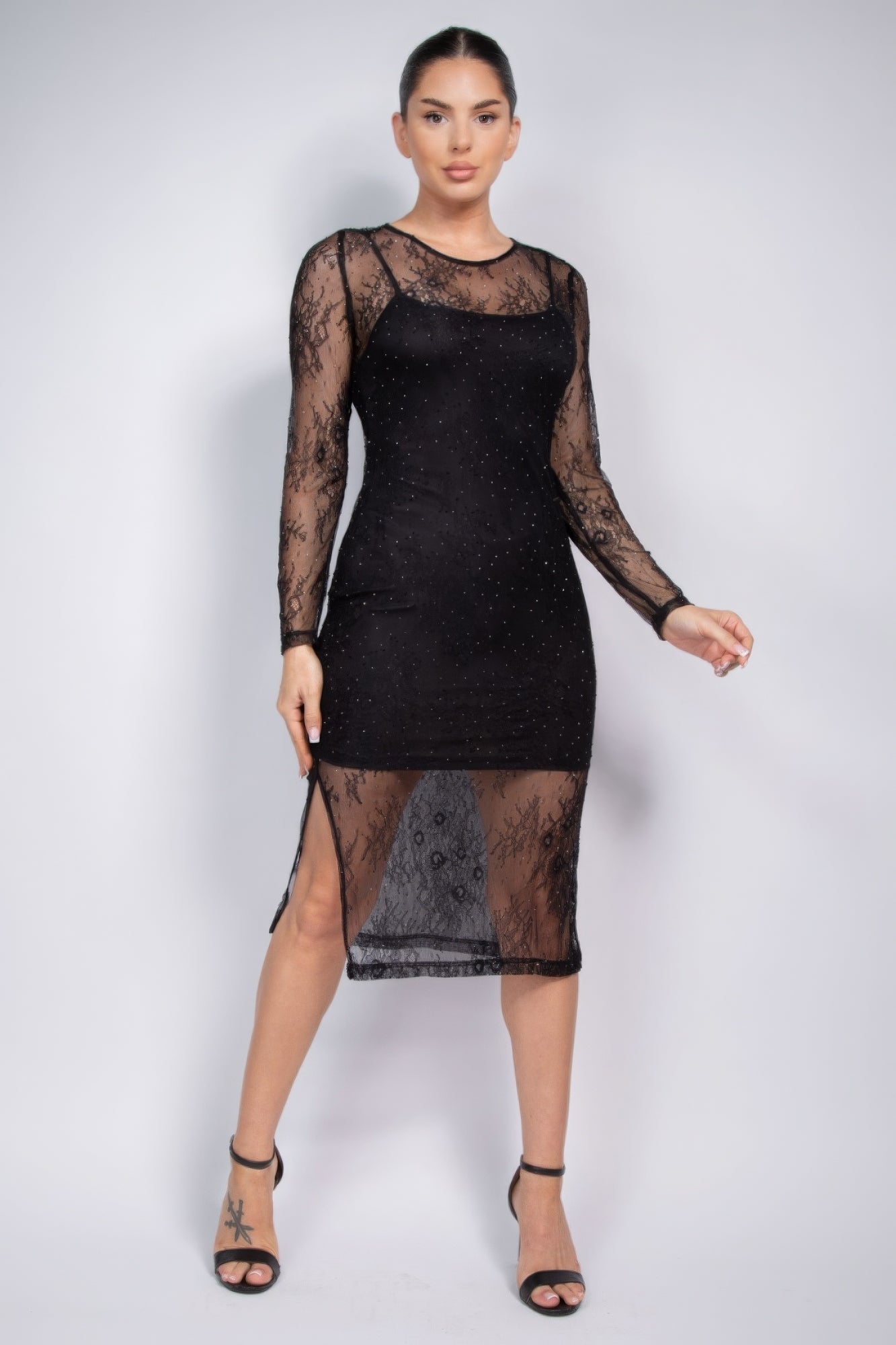 Lace Rhinestone-studded Slit Midi Dress JoySkyBoutique