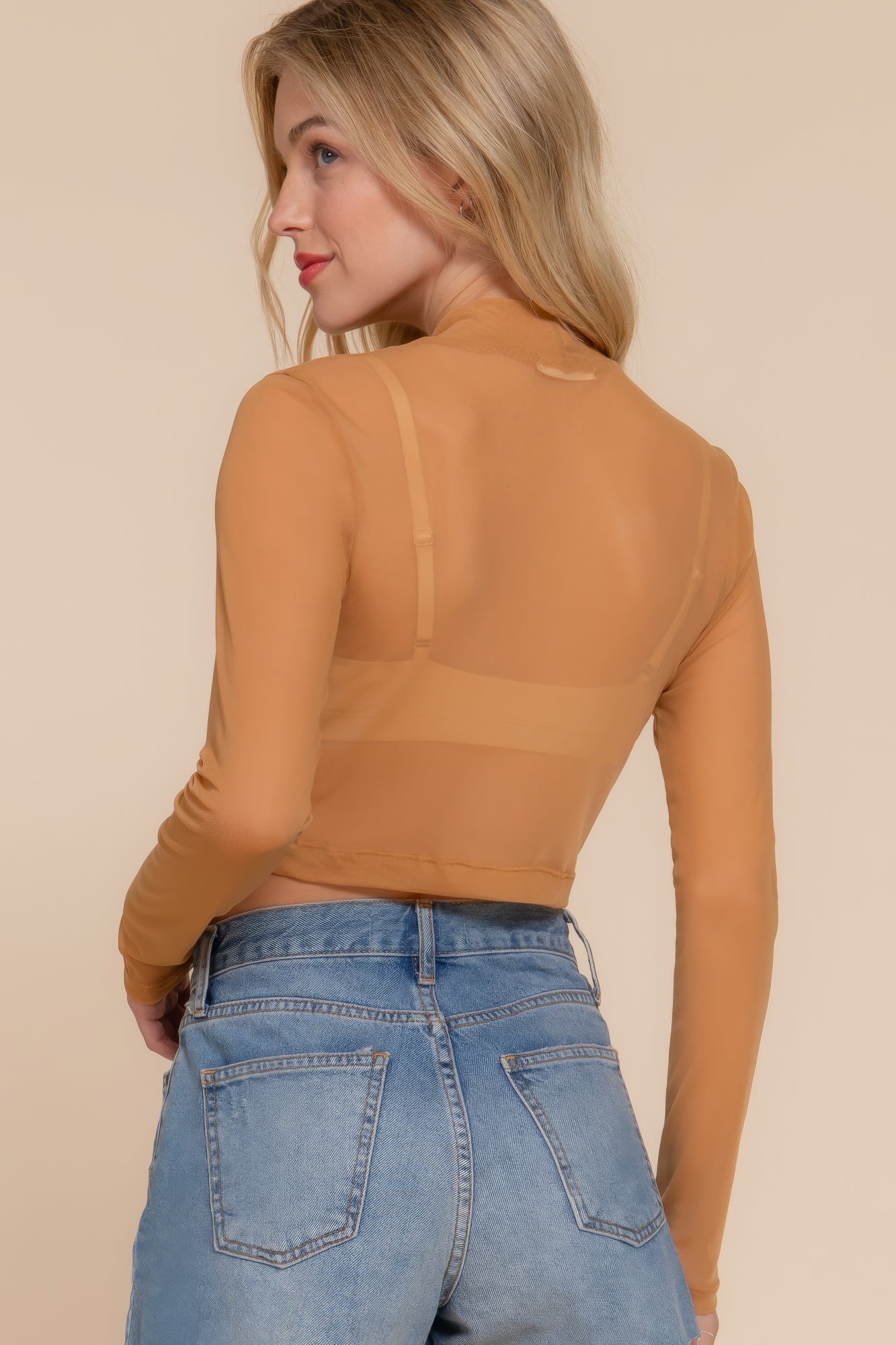 Long Sleeve Mock Neck Mesh Top JoySkyBoutique