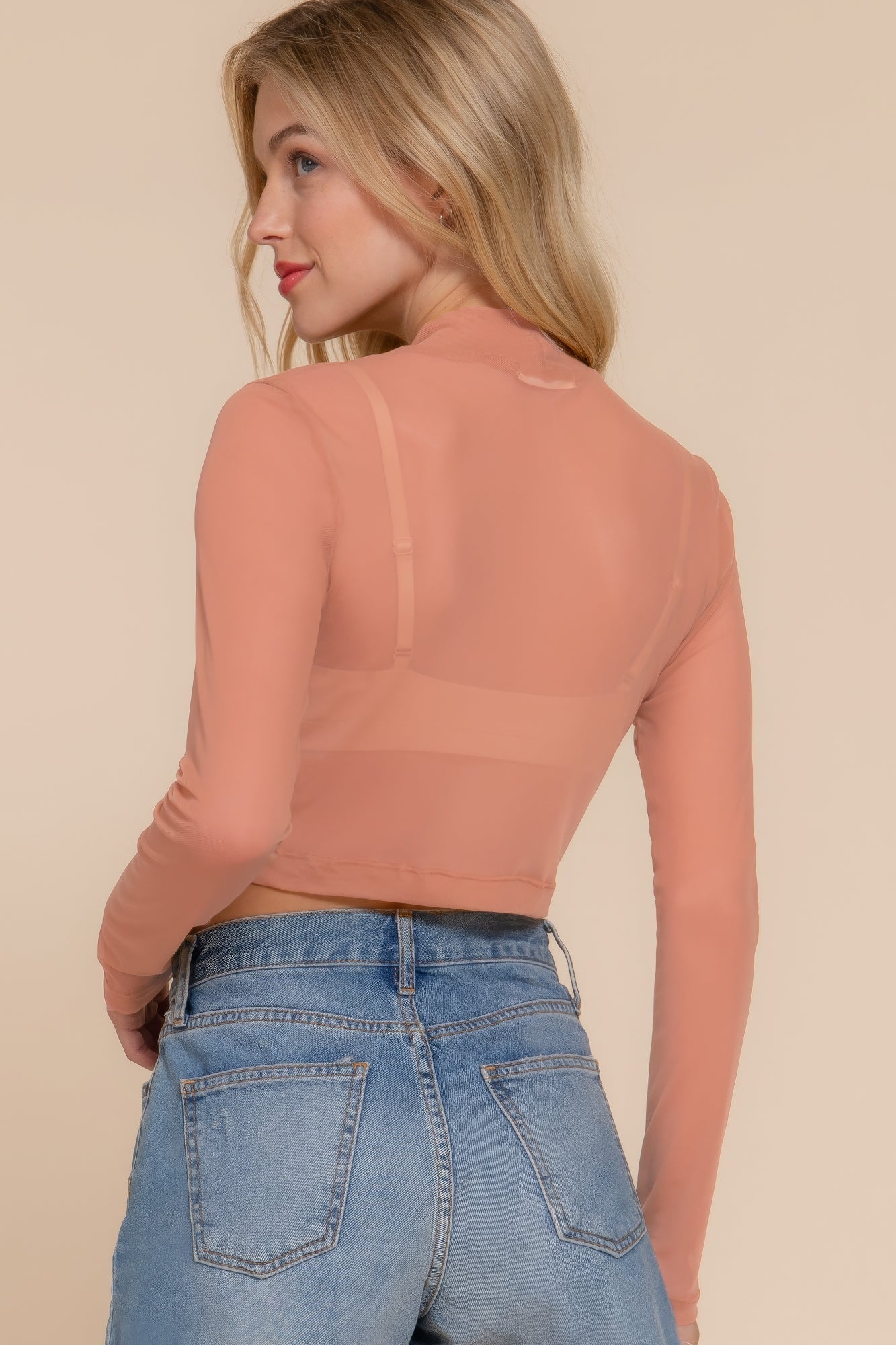 Long Sleeve Mock Neck Mesh Top JoySkyBoutique